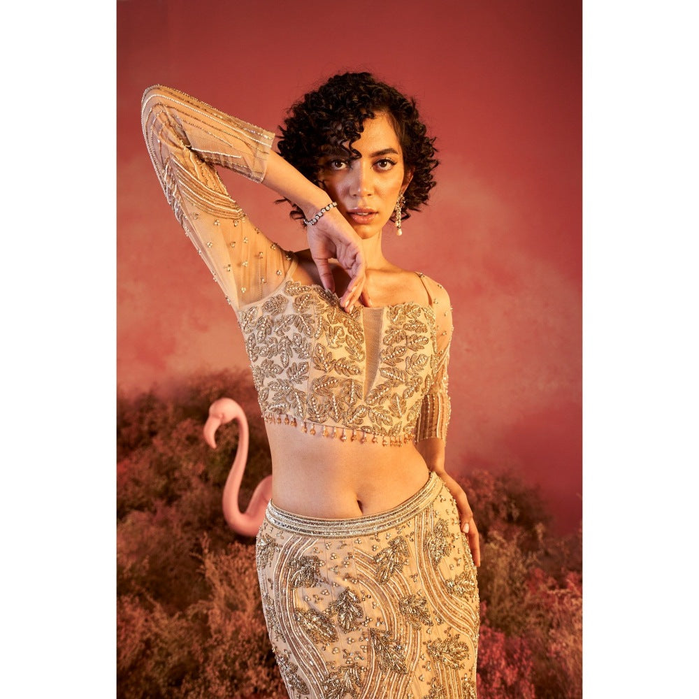 PARUL GANDHI Leaf Nude Blouse with Lehenga & Dupatta (Set of 3)