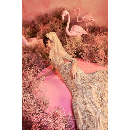 PARUL GANDHI Leaf Nude Blouse with Lehenga & Dupatta (Set of 3)