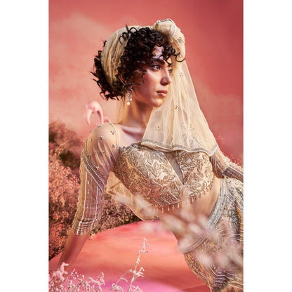 PARUL GANDHI Leaf Nude Blouse with Lehenga & Dupatta (Set of 3)