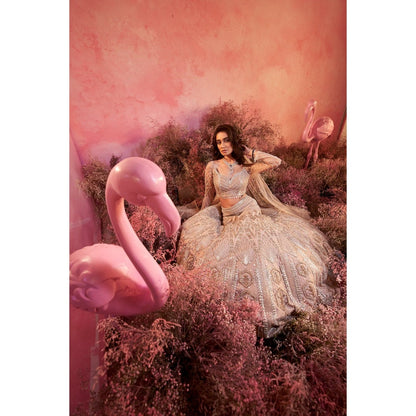 PARUL GANDHI Sanjh Nude Blosue with Lehenga & Dupatta (Set of 3)