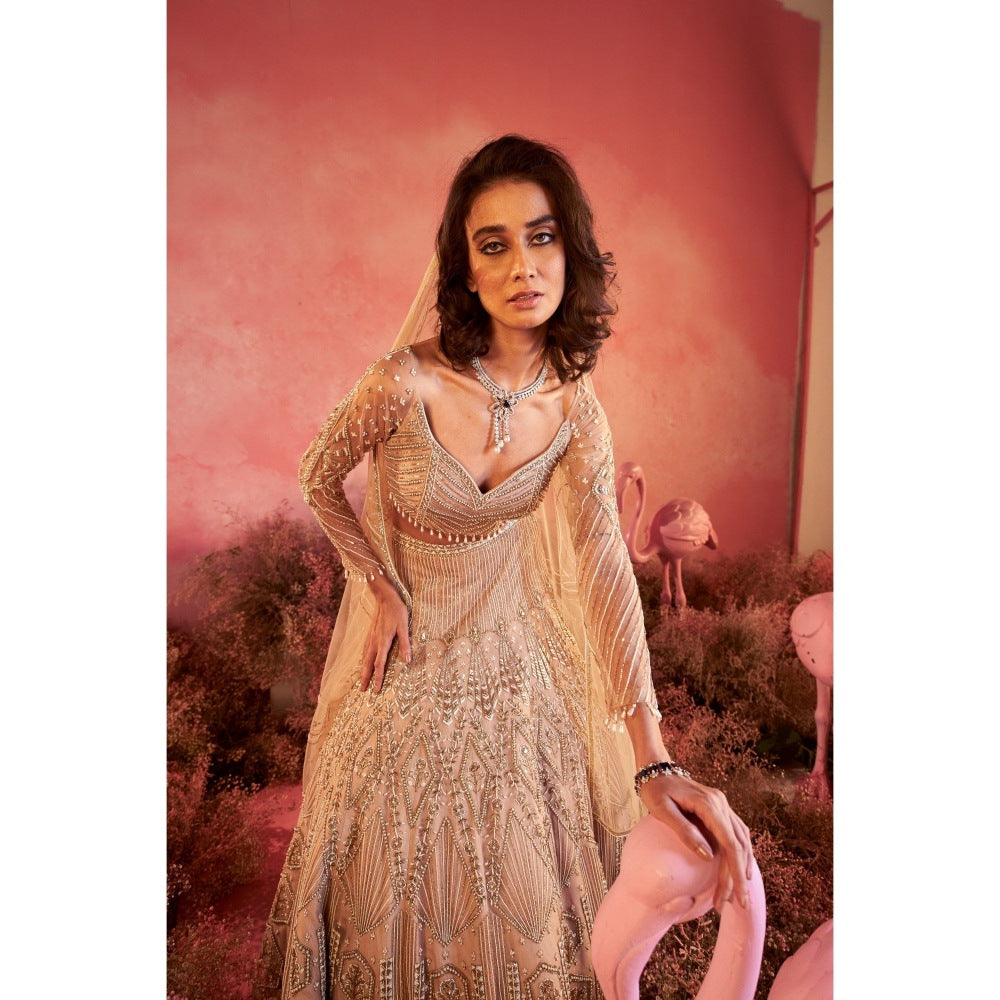 PARUL GANDHI Sanjh Nude Blosue with Lehenga & Dupatta (Set of 3)