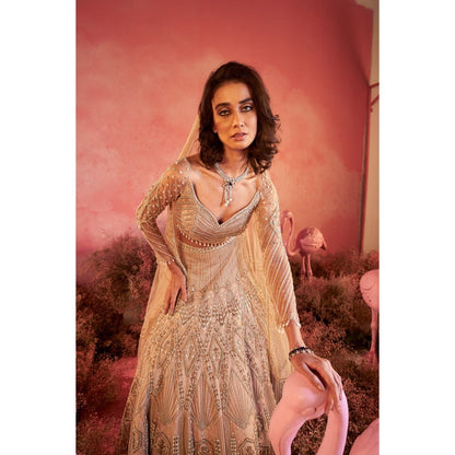 PARUL GANDHI Sanjh Nude Blosue with Lehenga & Dupatta (Set of 3)