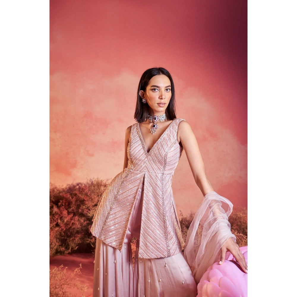 PARUL GANDHI Beige Rubaan Kurti with Sharara & Dupatta (Set of 3)