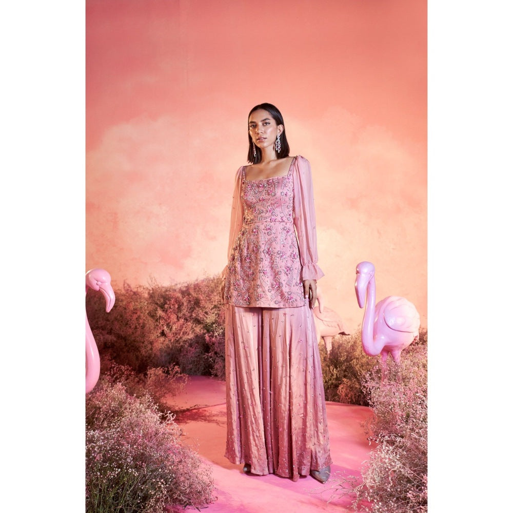 PARUL GANDHI Pink Swan Kurti with Sharara & Dupatta (Set of 3)