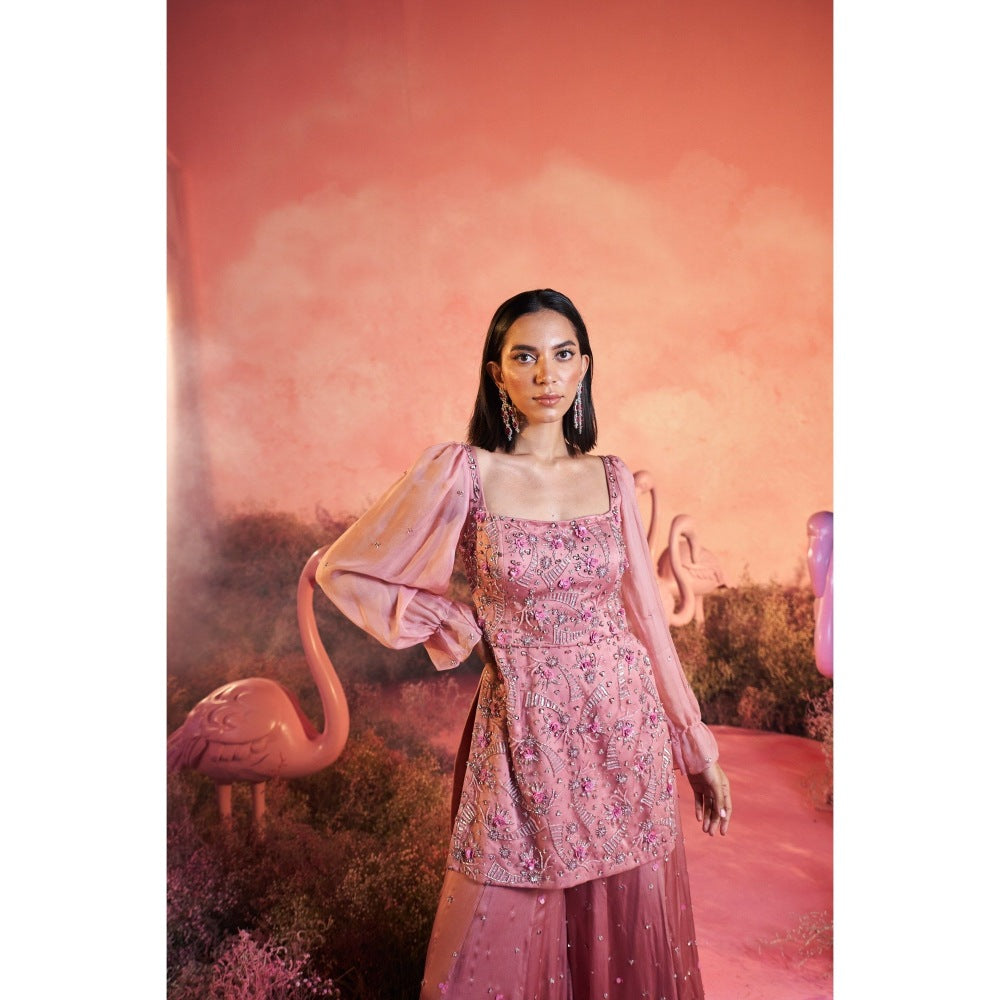 PARUL GANDHI Pink Swan Kurti with Sharara & Dupatta (Set of 3)