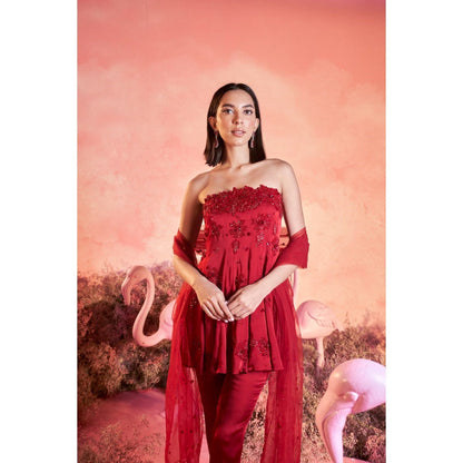 PARUL GANDHI Gulaab Red Kurta with Pant & Dupatta (Set of 3)