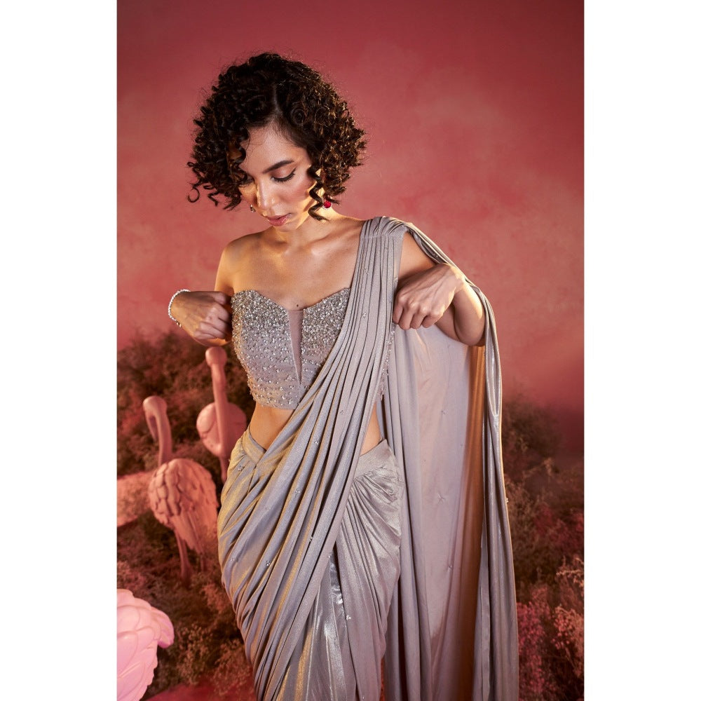 PARUL GANDHI Crystal Drape Saree with Stitched Blouse with Stitched