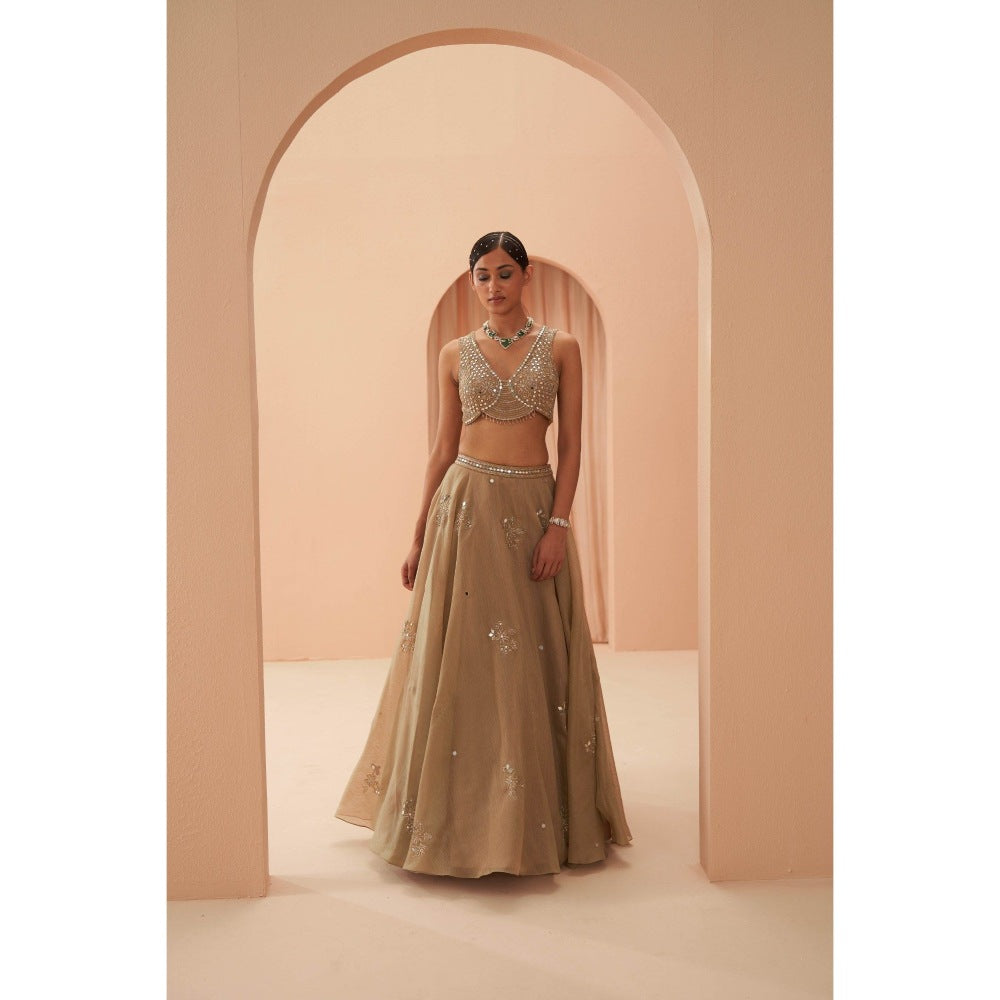 PARUL GANDHI Gold Flake Mirror Blouse with Lehenga & Dupatta (Set of 3)