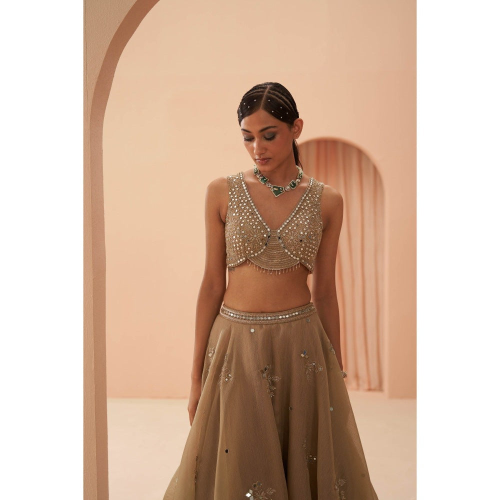PARUL GANDHI Gold Flake Mirror Blouse with Lehenga & Dupatta (Set of 3)