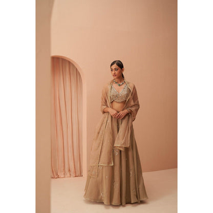 PARUL GANDHI Gold Flake Mirror Blouse with Lehenga & Dupatta (Set of 3)