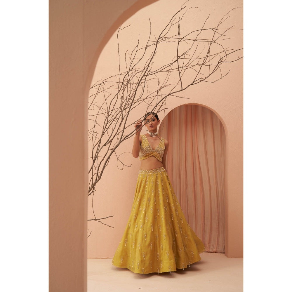 PARUL GANDHI Blaze Yellow Blouse with Lehenga & Dupatta (Set of 3)