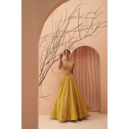 PARUL GANDHI Blaze Yellow Blouse with Lehenga & Dupatta (Set of 3)