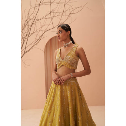 PARUL GANDHI Blaze Yellow Blouse with Lehenga & Dupatta (Set of 3)