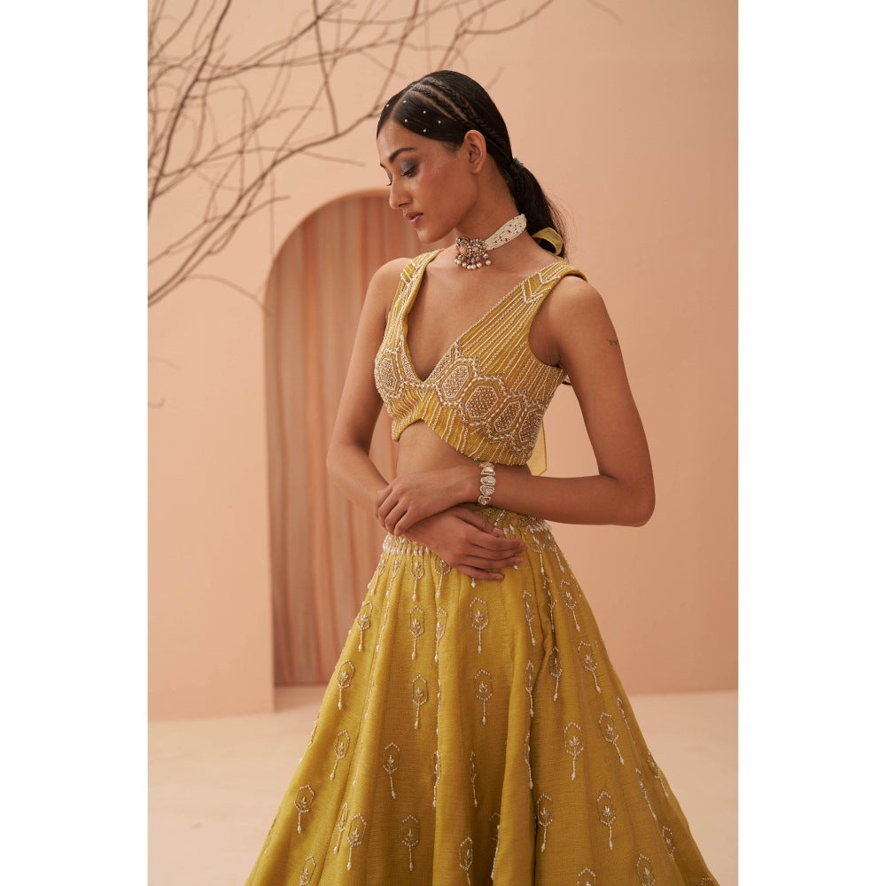 PARUL GANDHI Blaze Yellow Blouse with Lehenga & Dupatta (Set of 3)