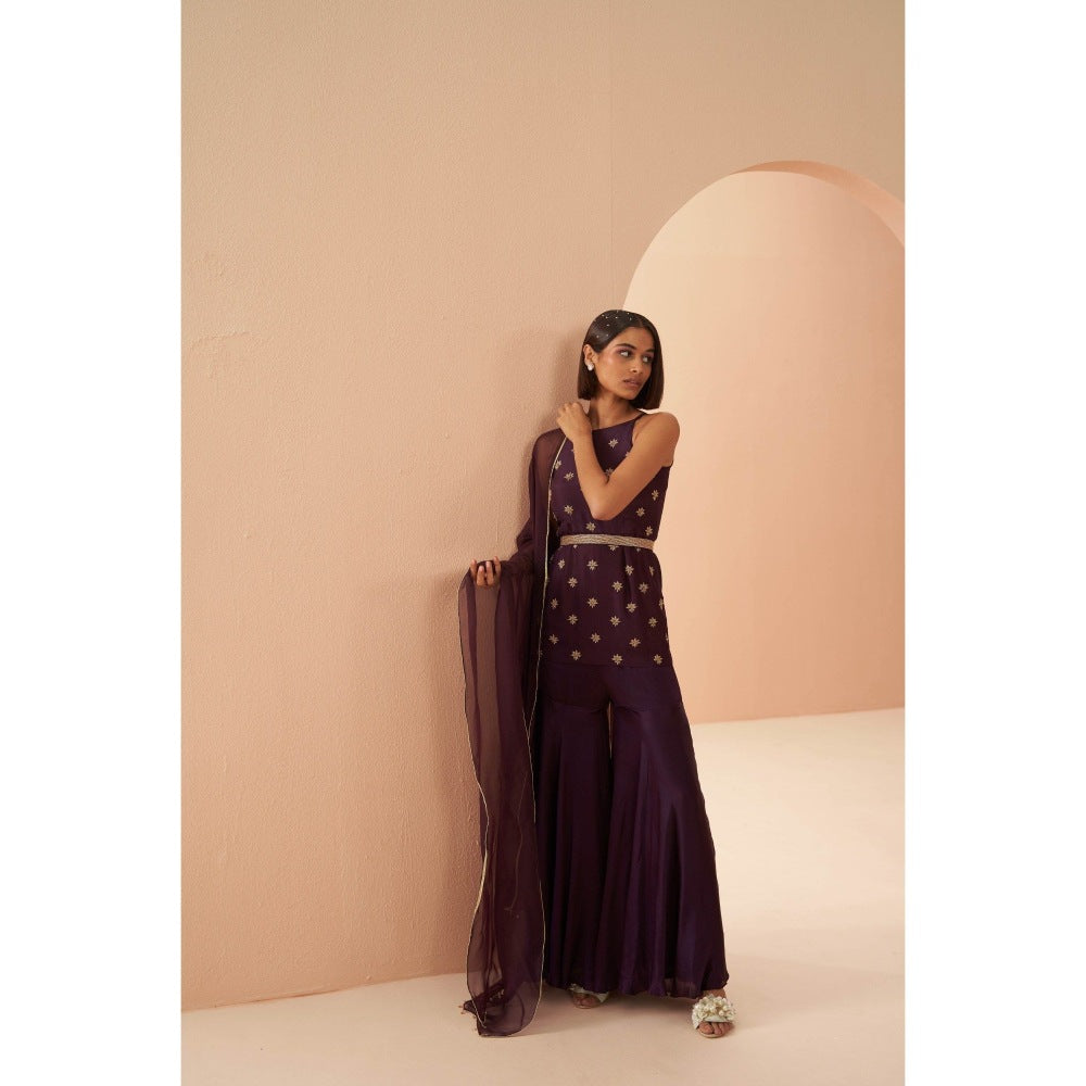 PARUL GANDHI Deep Wine Top with Sharara, Dupatta & Belt (Set of 4)