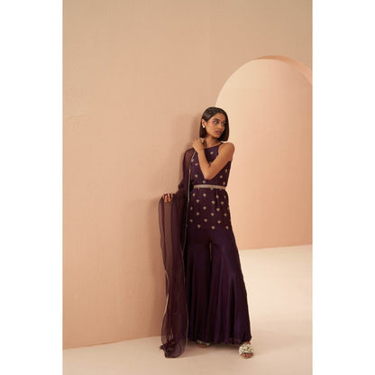 PARUL GANDHI Deep Wine Top with Sharara, Dupatta & Belt (Set of 4)