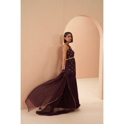 PARUL GANDHI Deep Wine Top with Sharara, Dupatta & Belt (Set of 4)