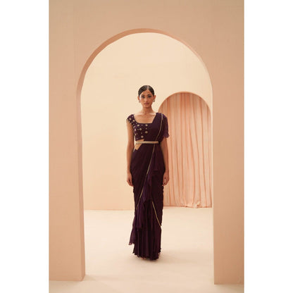 PARUL GANDHI Deep Wine Saree with Stitche Blouse & Belt