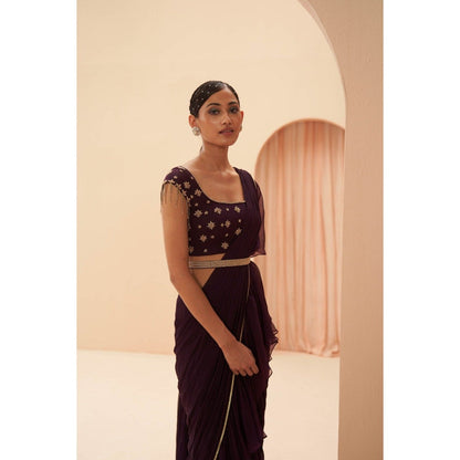 PARUL GANDHI Deep Wine Saree with Stitche Blouse & Belt