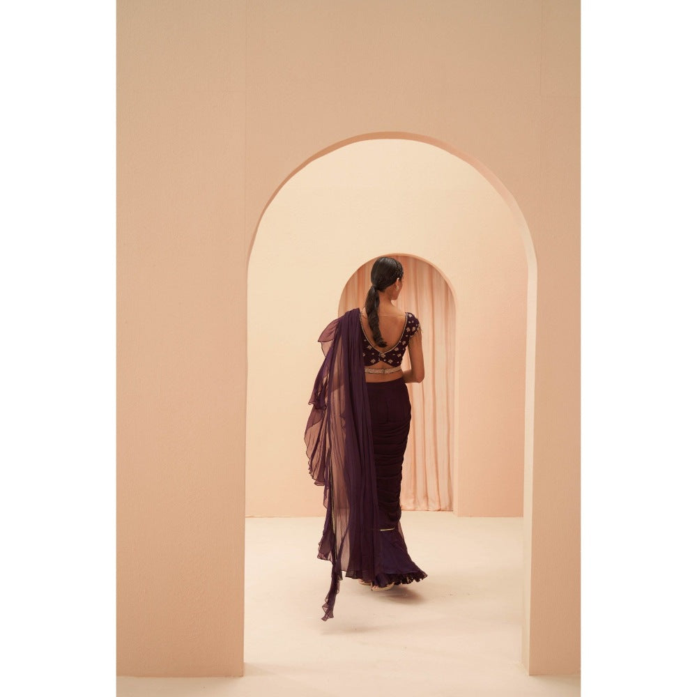 PARUL GANDHI Deep Wine Saree with Stitche Blouse & Belt