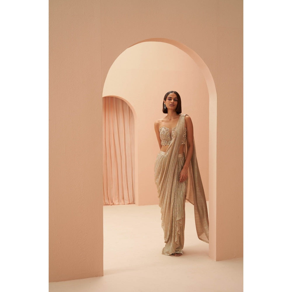 PARUL GANDHI Gold Flake Pleated Saree with Stitched Blouse with Stitched