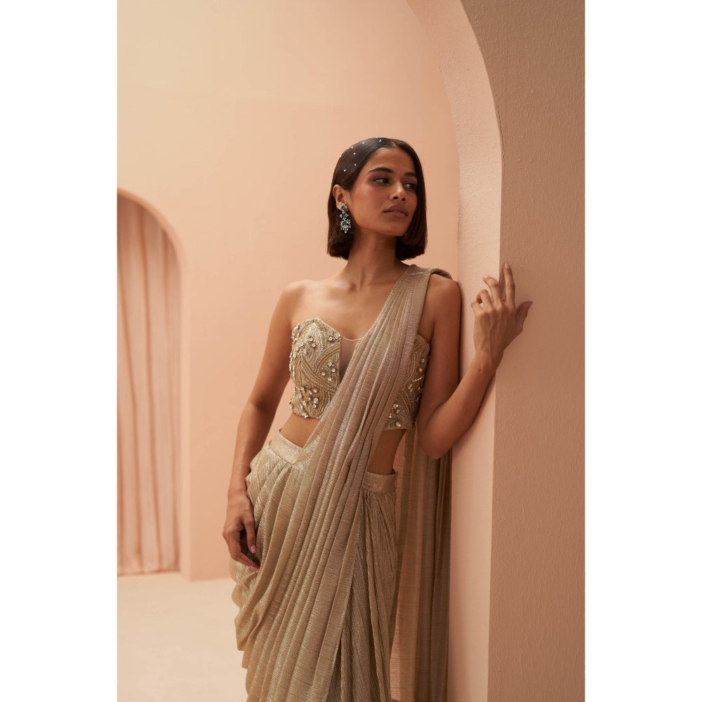 PARUL GANDHI Gold Flake Pleated Saree with Stitched Blouse with Stitched