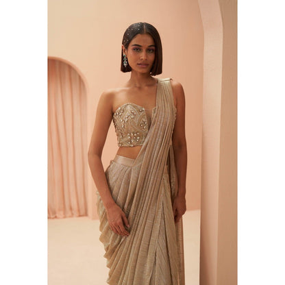 PARUL GANDHI Gold Flake Pleated Saree with Stitched Blouse with Stitched