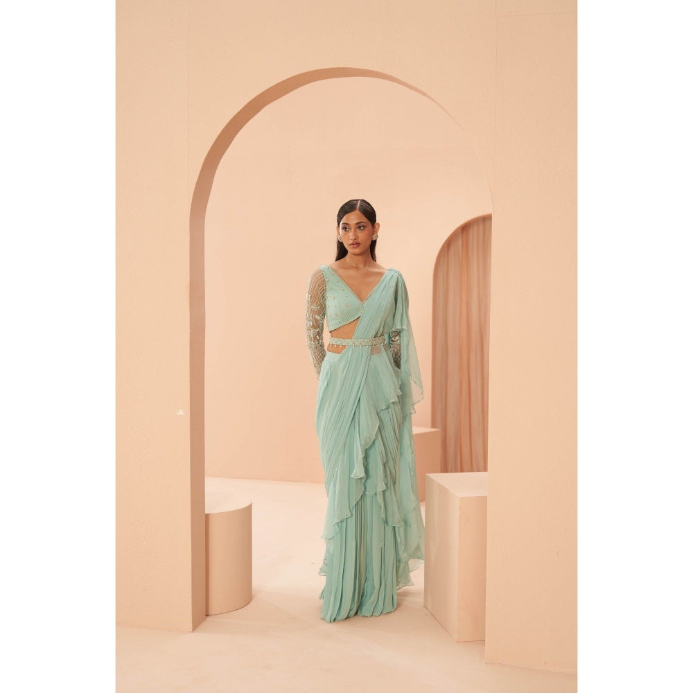 PARUL GANDHI Mist Ruffle Saree with Stitched Blouse & Belt