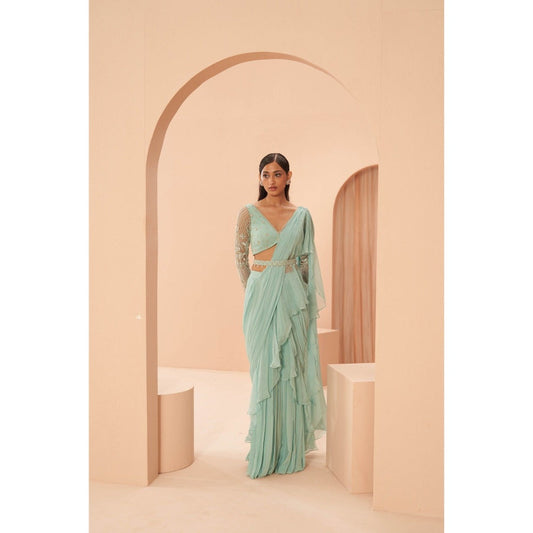 PARUL GANDHI Mist Ruffle Saree with Stitched Blouse & Belt