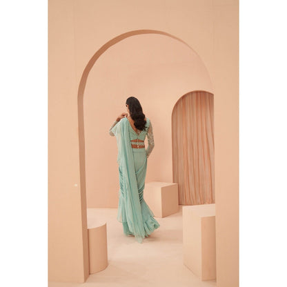 PARUL GANDHI Mist Ruffle Saree with Stitched Blouse & Belt