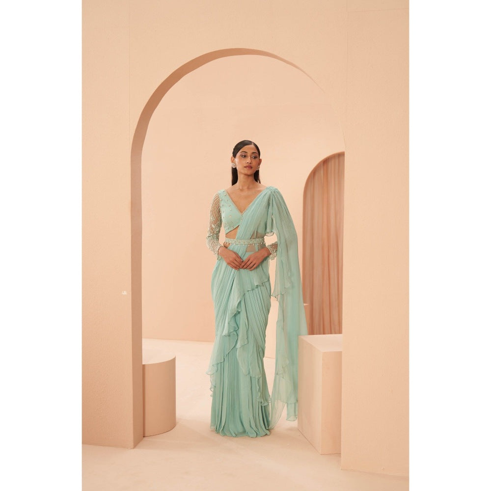 PARUL GANDHI Mist Ruffle Saree with Stitched Blouse & Belt
