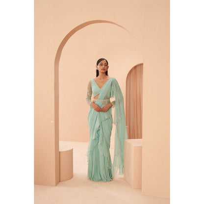 PARUL GANDHI Mist Ruffle Saree with Stitched Blouse & Belt