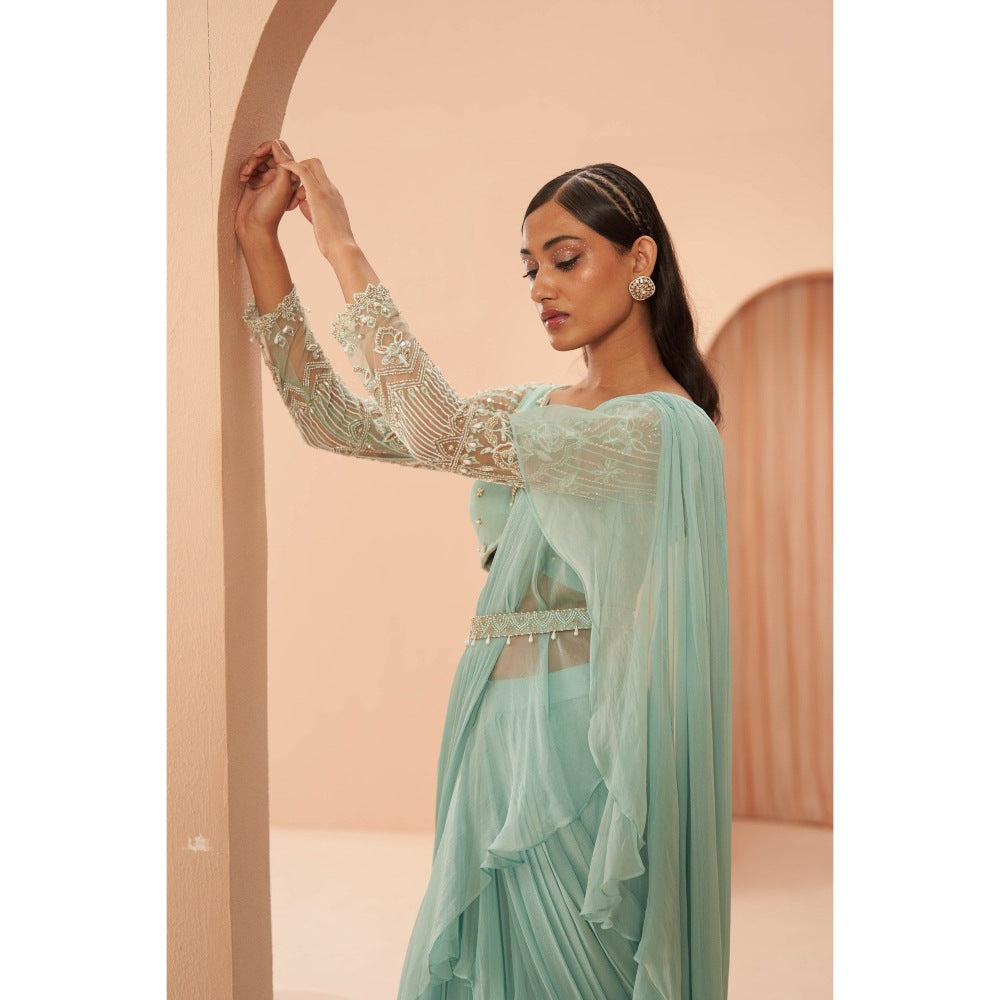 PARUL GANDHI Mist Ruffle Saree with Stitched Blouse & Belt