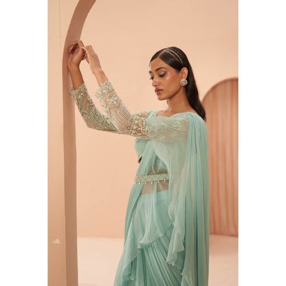 PARUL GANDHI Mist Ruffle Saree with Stitched Blouse & Belt