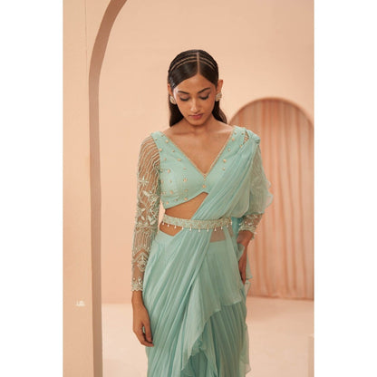 PARUL GANDHI Mist Ruffle Saree with Stitched Blouse & Belt