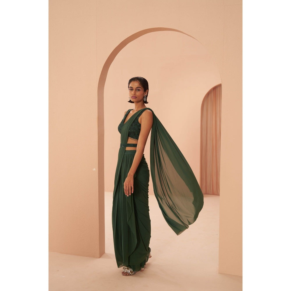 PARUL GANDHI Indian Green Saree with Stitched Blouse & Belt