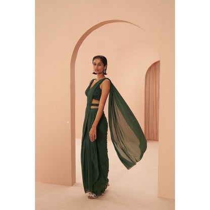 PARUL GANDHI Indian Green Saree with Stitched Blouse & Belt