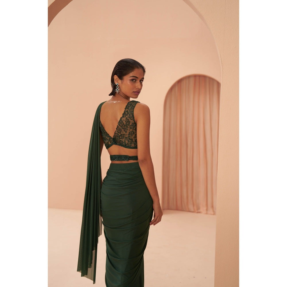 PARUL GANDHI Indian Green Saree with Stitched Blouse & Belt