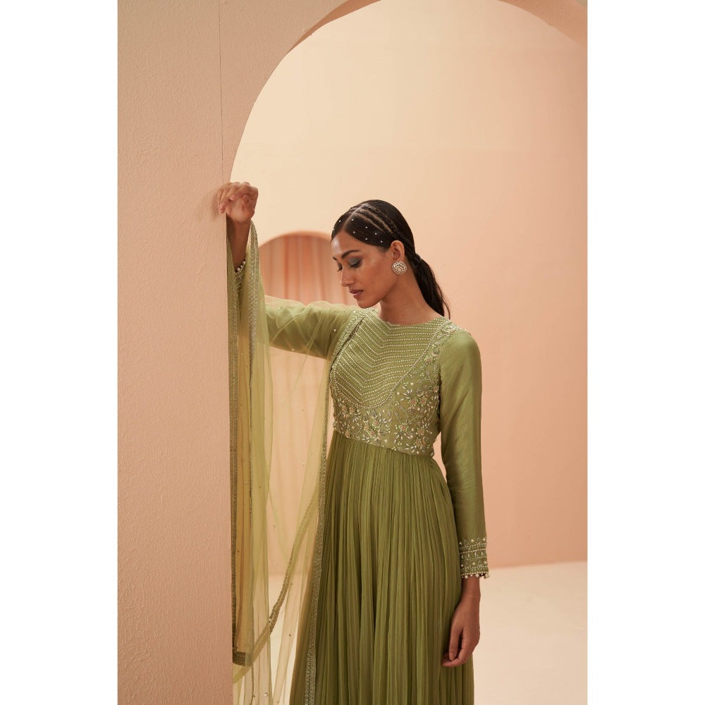 PARUL GANDHI Green Jade Anarkali with Dupatta (Set of 2)