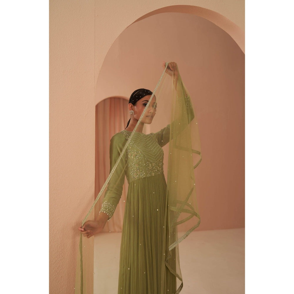 PARUL GANDHI Green Jade Anarkali with Dupatta (Set of 2)