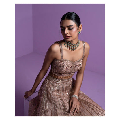 PARUL GANDHI Caramel Blaze Blouse with Lehenga & Dupatta (Set of 3)