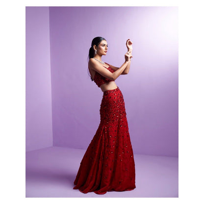 PARUL GANDHI Vivid Crimson Red Blouse with Lehenga & Dupatta (Set of 3)