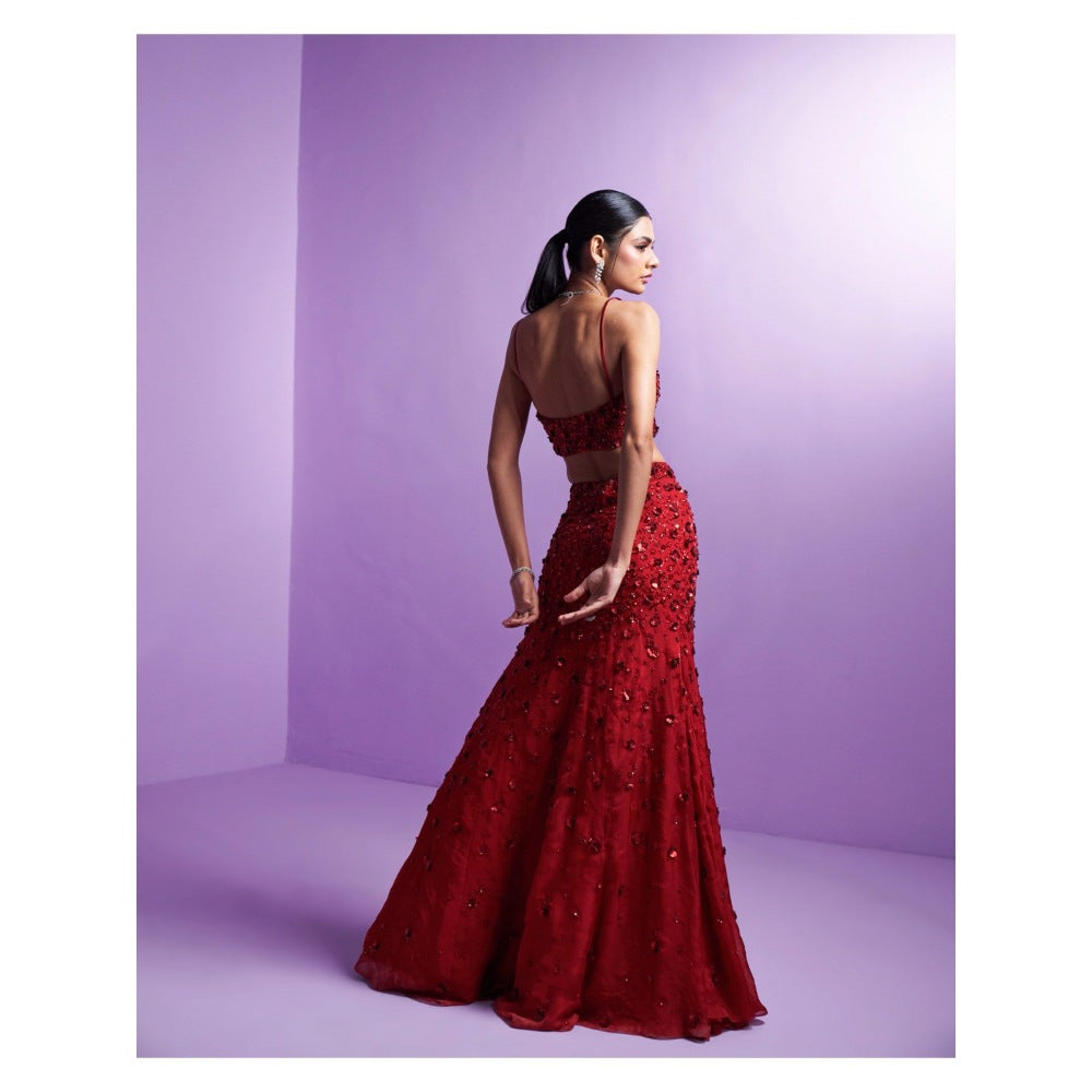 PARUL GANDHI Vivid Crimson Red Blouse with Lehenga & Dupatta (Set of 3)