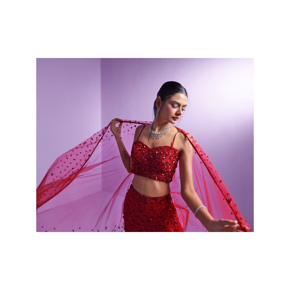 PARUL GANDHI Vivid Crimson Red Blouse with Lehenga & Dupatta (Set of 3)