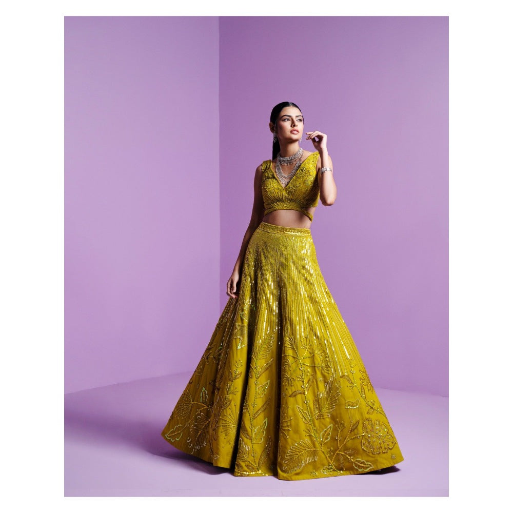 PARUL GANDHI Lime Spectrum Blouse with Lehenga & Dupatta (Set of 3)