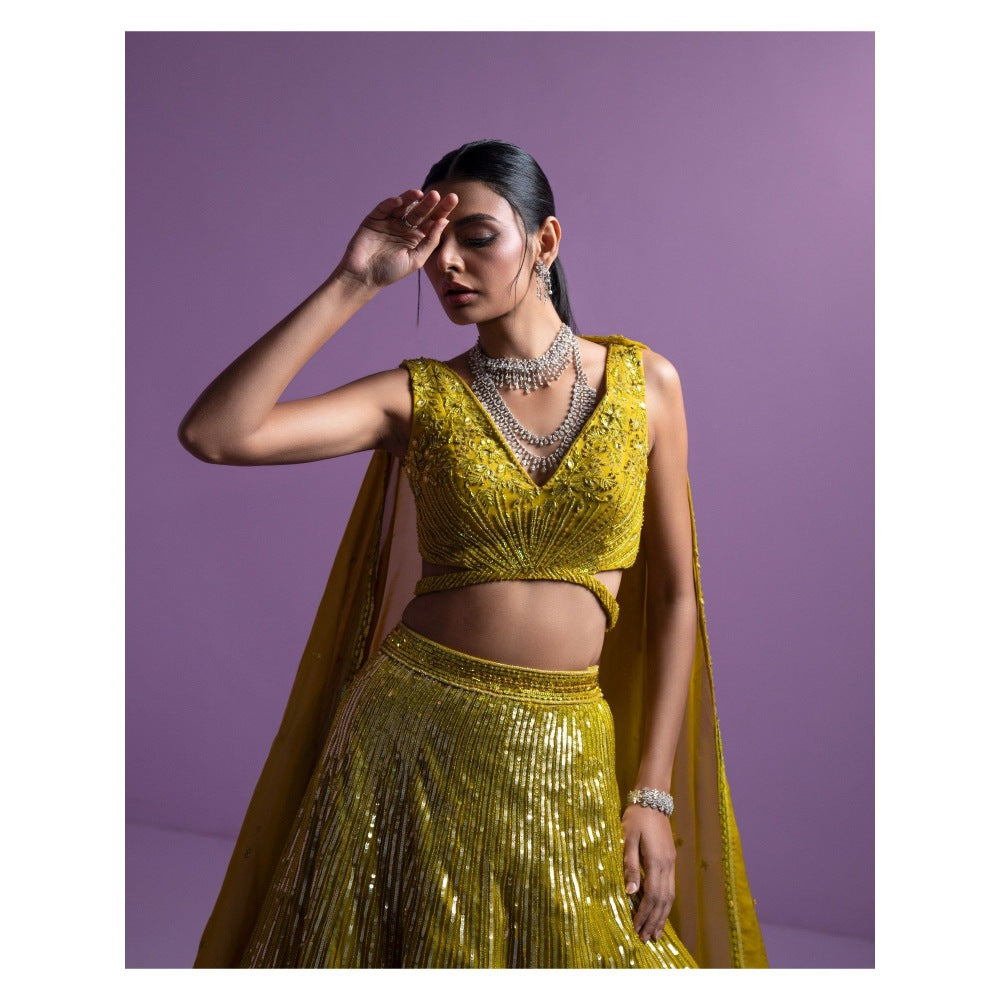 PARUL GANDHI Lime Spectrum Blouse with Lehenga & Dupatta (Set of 3)