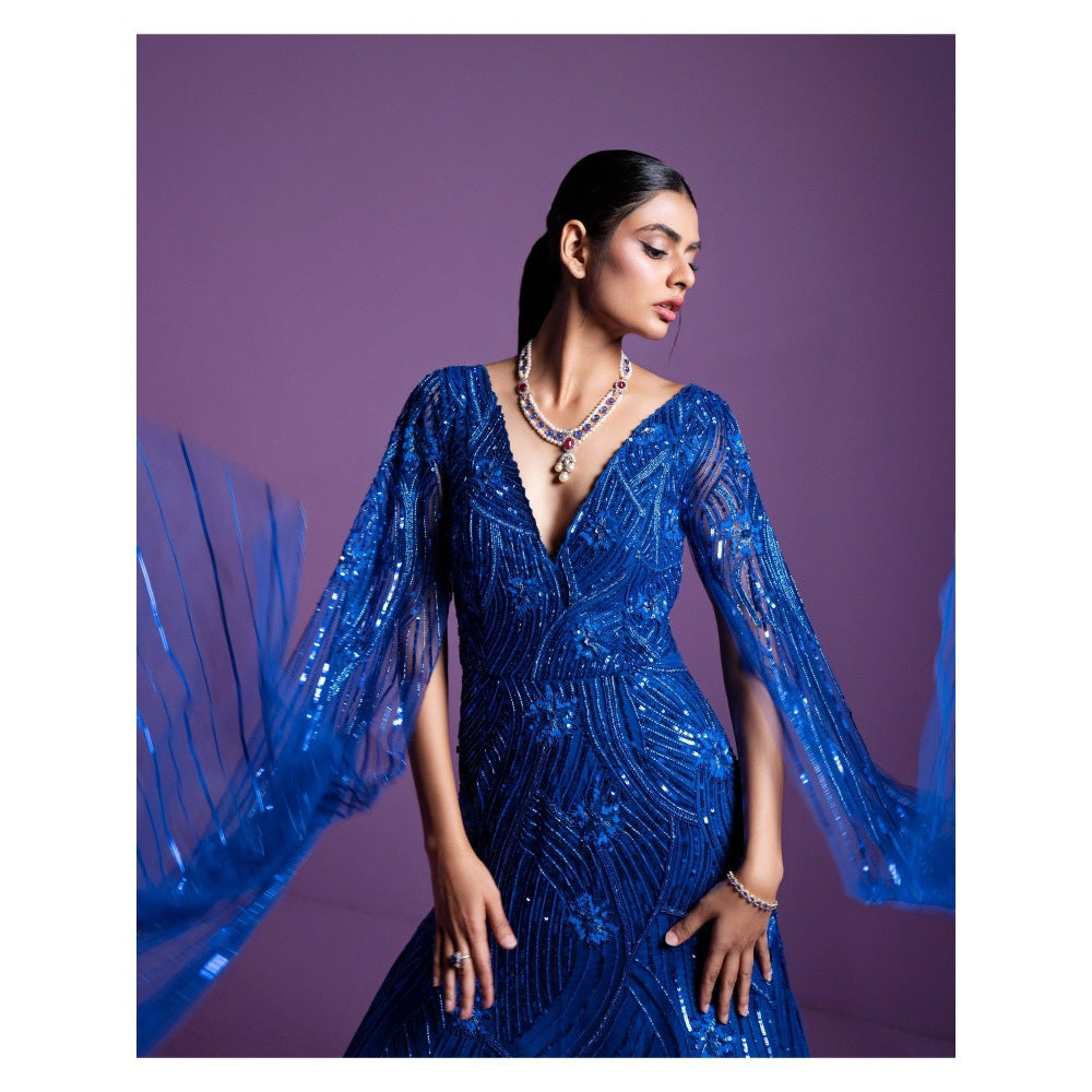 PARUL GANDHI Moonlight Blue Embellished Gown