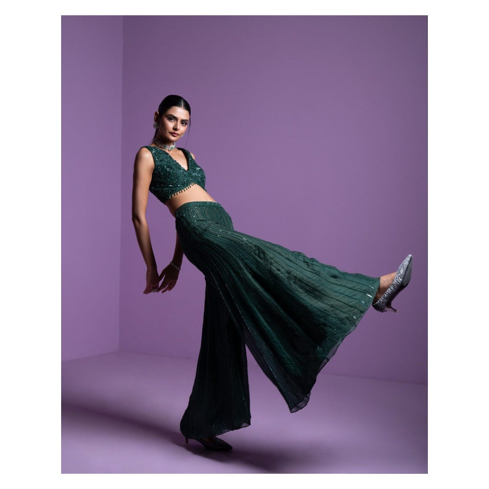 PARUL GANDHI Lush Green Blouse with Flared Pant & Dupatta (Set of 3)