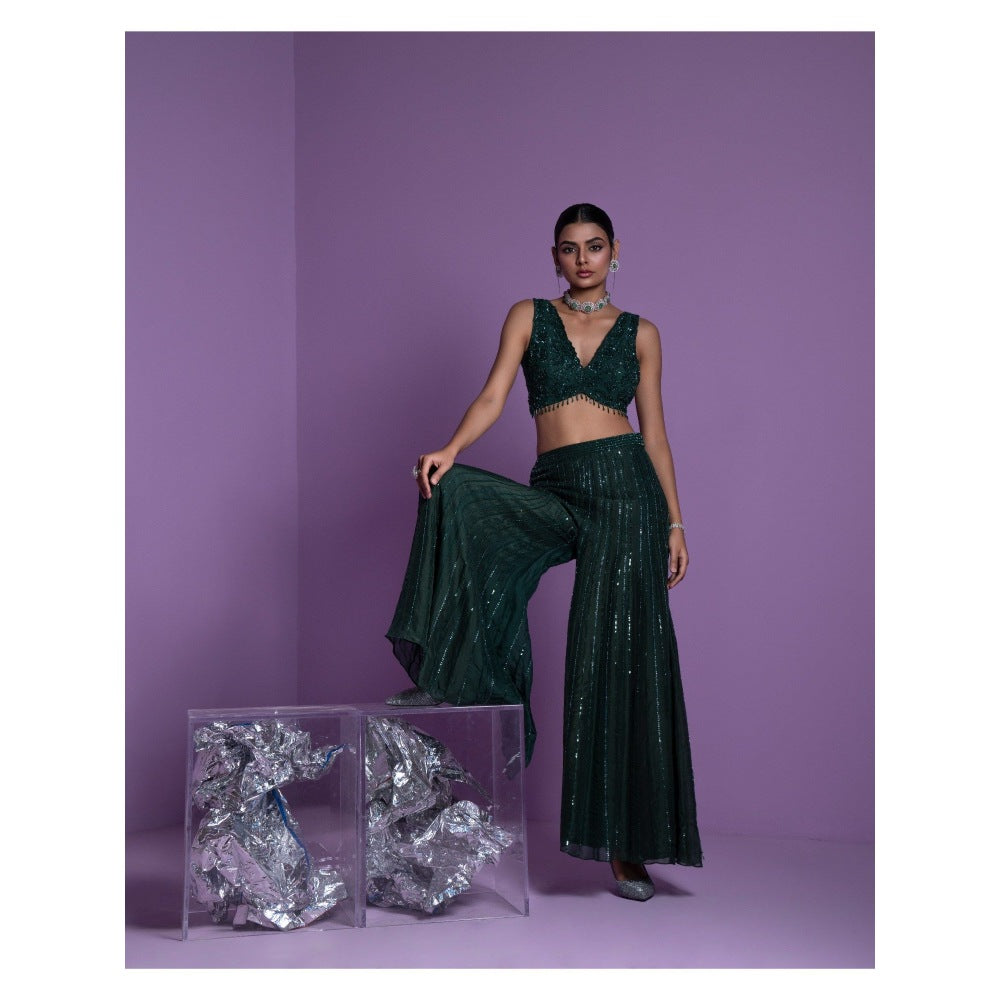 PARUL GANDHI Lush Green Blouse with Flared Pant & Dupatta (Set of 3)