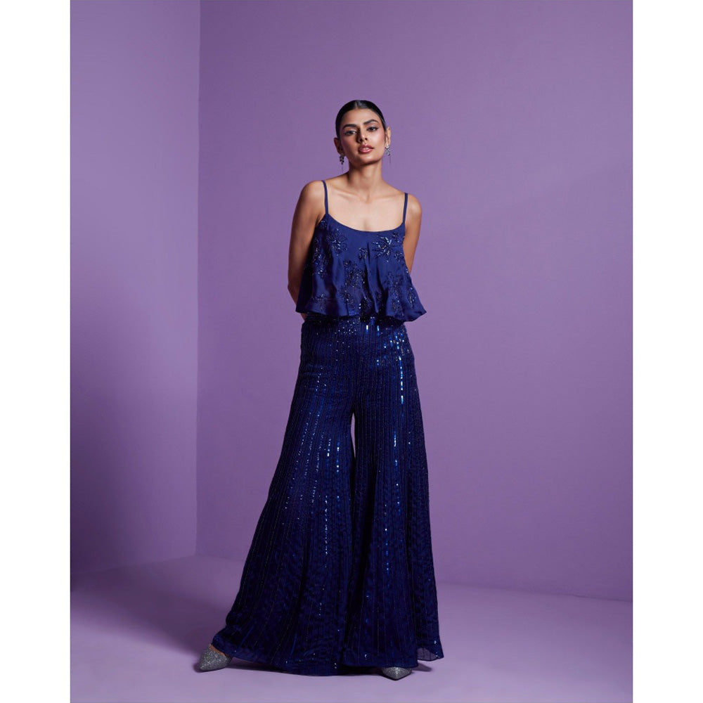 PARUL GANDHI Eclipse Blue Embroidered Top with Flared Pant (Set of 2)